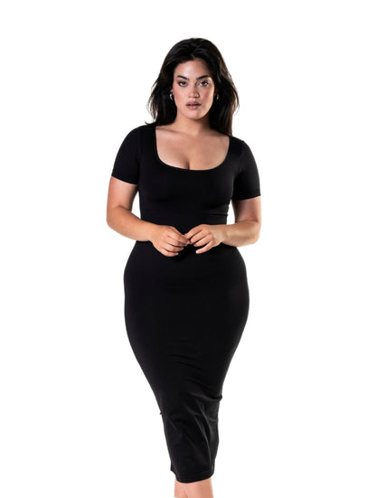 Body Modelador Midi Vestido com Fenda e Mangas Curtas