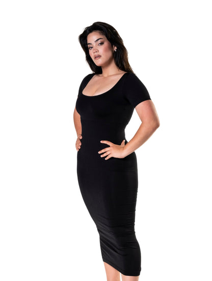 Body Modelador Midi Vestido com Fenda e Mangas Curtas