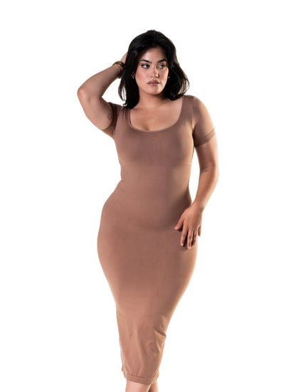 Body Modelador Midi Vestido com Fenda e Mangas Curtas